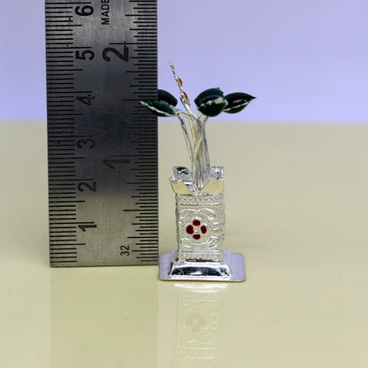 Handmade 925 sterling silver mini Tulsi basil plant and rosary for puja temple, crafted by Tribal Ornaments.