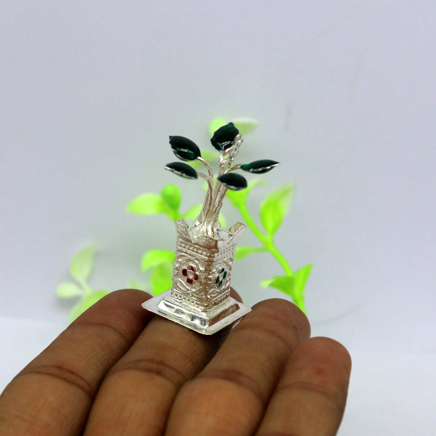 Handmade 925 sterling silver mini Tulsi basil rosary for puja temple, crafted by TRIBAL ORNAMENTS, with detailed silver utensils.