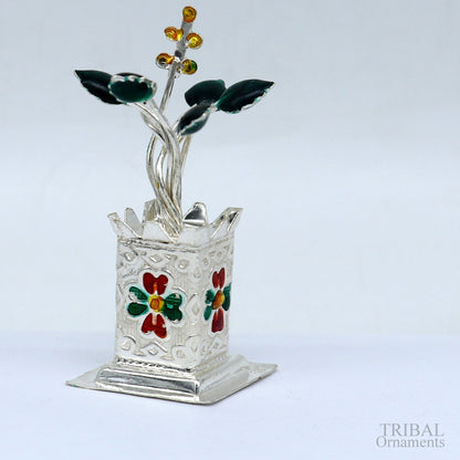 925 sterling silver handmade mini tulsi plant basil rosary plant for puja temple article, excellent customized silver utensils article su616 - TRIBAL ORNAMENTS