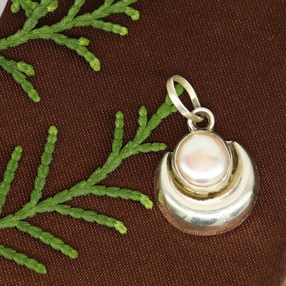 925 sterling silver moon pendant with natural pearl, unisex jewelry by TRIBAL ORNAMENTS featuring handcrafted design.