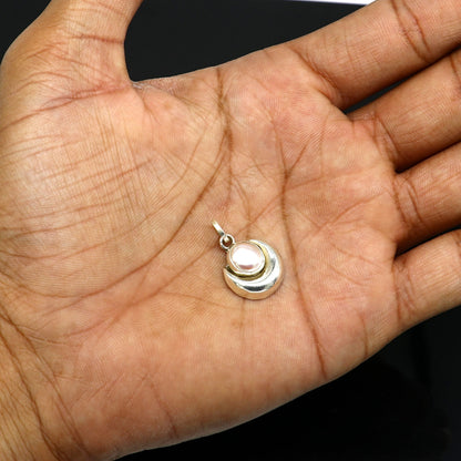 925 sterling silver moon pendant with natural pearl, handmade unisex jewelry by Tribal Ornaments featuring a elegant celestial design.