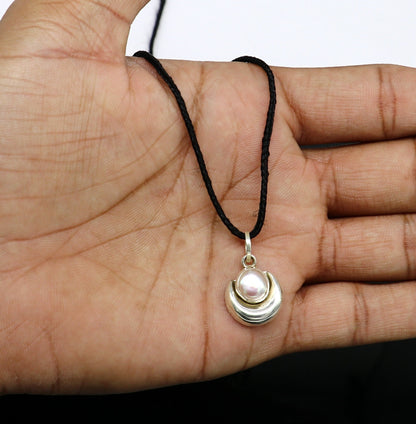 925 sterling silver moon pendant with natural pearl, unisex jewelry from Tribal Ornaments featuring handcrafted design and elegant details.