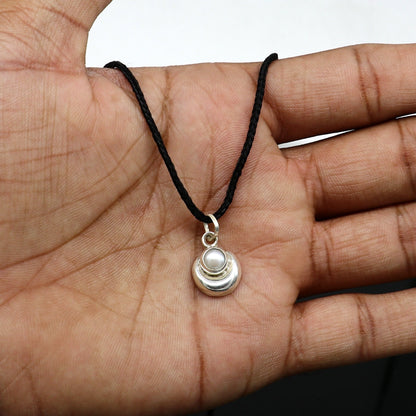 925 sterling silver moon pendant with natural pearl, unisex jewelry by TRIBAL ORNAMENTS, featuring handcrafted celestial design.