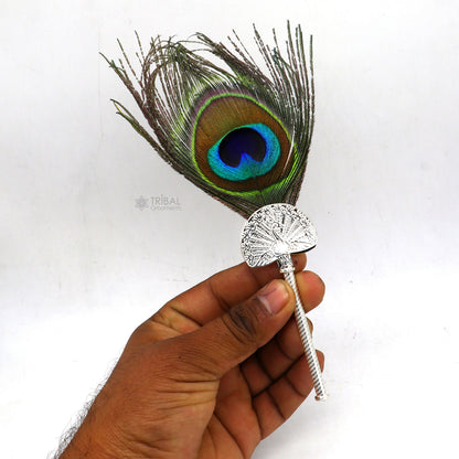 925 sterling silver handmade Mor chhadi with peacock feather, Lord Krishna Laddu Gopal gift, silver Pankhi jewelry by TRIBAL ORNAMENTS