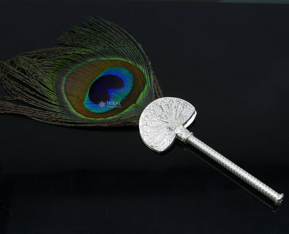Sterling silver handmade Mor chhadi with peacock feather, Lord Krishna Laddu Gopal gift, silver pankhi, crafted by TRIBAL ORNAMENTS.