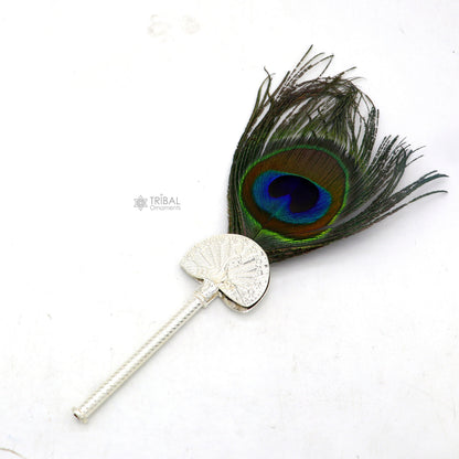 Handmade 925 sterling silver Mor chhadi with peacock feather, Lord Krishna-themed jewelry, featuring intricate craftsmanship and silver details.