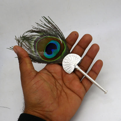 Handmade 925 sterling silver Mor chhadi with peacock feather, Lord Krishna Laddu Gopal gift, crafted by Tribal Ornaments.
