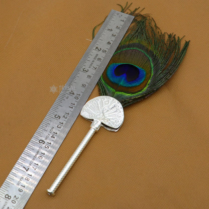Handmade 925 sterling silver Mor chhadi with peacock feather, Lord Krishna laddu Gopal gift, tribal ornament silver pankhi design.