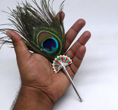 Handmade 925 sterling silver Mor Chhadi with peacock feather, featuring Lord Krishna and Gopala motifs, crafted by Tribal Ornaments.