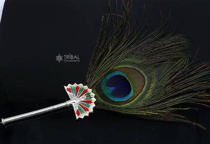 925 Sterling silver handmade Mor Chhadi with peacock feather, featuring Lord Krishna motifs, crafted by TRIBAL ORNAMENTS.