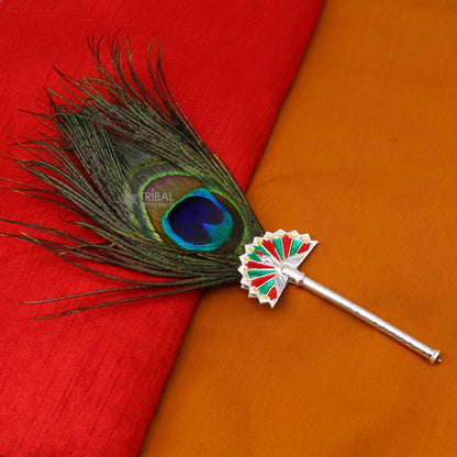 Sterling silver handmade Mor Chhadi with peacock feather, Lord Krishna motif, tribal ornament, Gopala gift, detailed silver jewelry