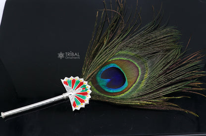 Handmade 925 sterling silver Mor Chhadi with peacock feather, featuring Lord Krishna motifs, by TRIBAL ORNAMENTS.