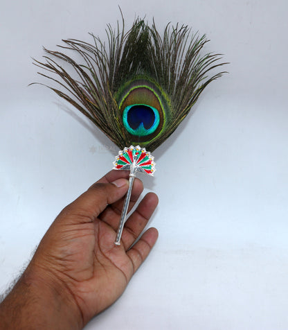 Handmade 925 sterling silver Mor Chhadi with peacock feather, featuring Lord Krishna motifs, by TRIBAL ORNAMENTS.