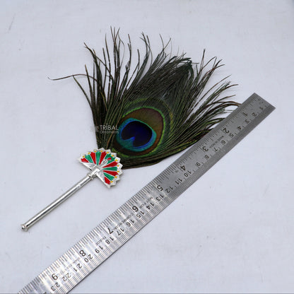 925 Sterling silver handmade Mor Chhadi, with peacock feather, best lord Krishna laddu Gopala gift,Lalan mor pankhi, silver mor chadi su1143 - TRIBAL ORNAMENTS