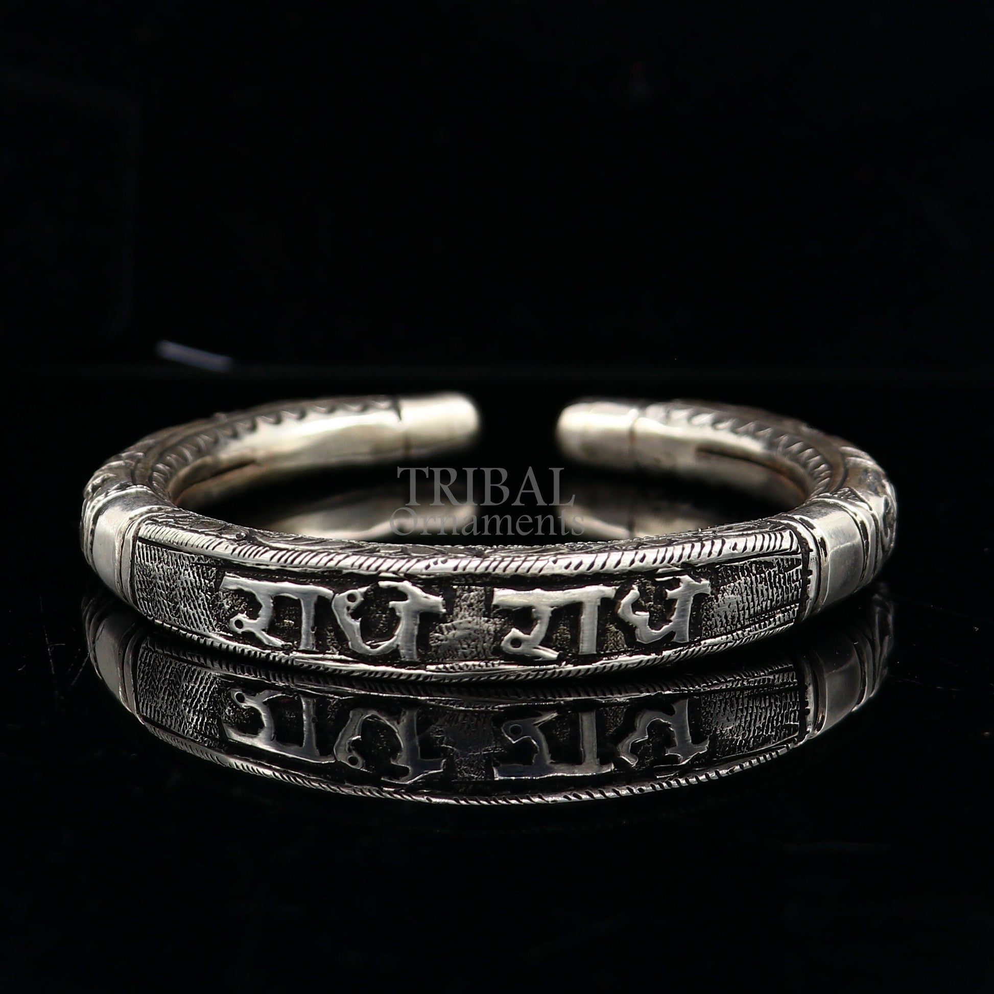 925 Sterling silver handmade Nakshi work design  "Radhe Radhe" Goddess Radha mantra bracelet kada divine unisex tribal ethnic jewelry nsk655 - TRIBAL ORNAMENTS