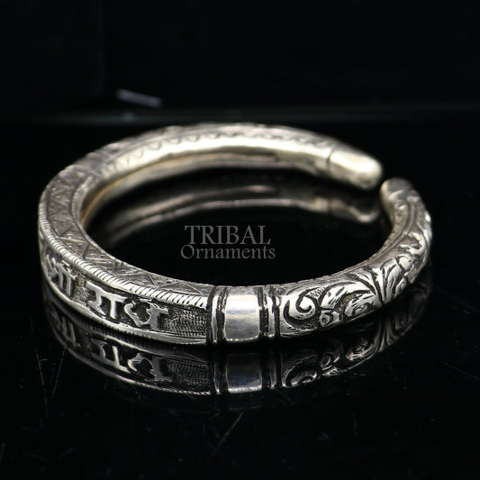 925 Sterling silver handmade Nakshi work "Jai Shree Radhe" Goddess Radha mantra bracelet kada divine unisex tribal ethnic jewelry nsk654 - TRIBAL ORNAMENTS