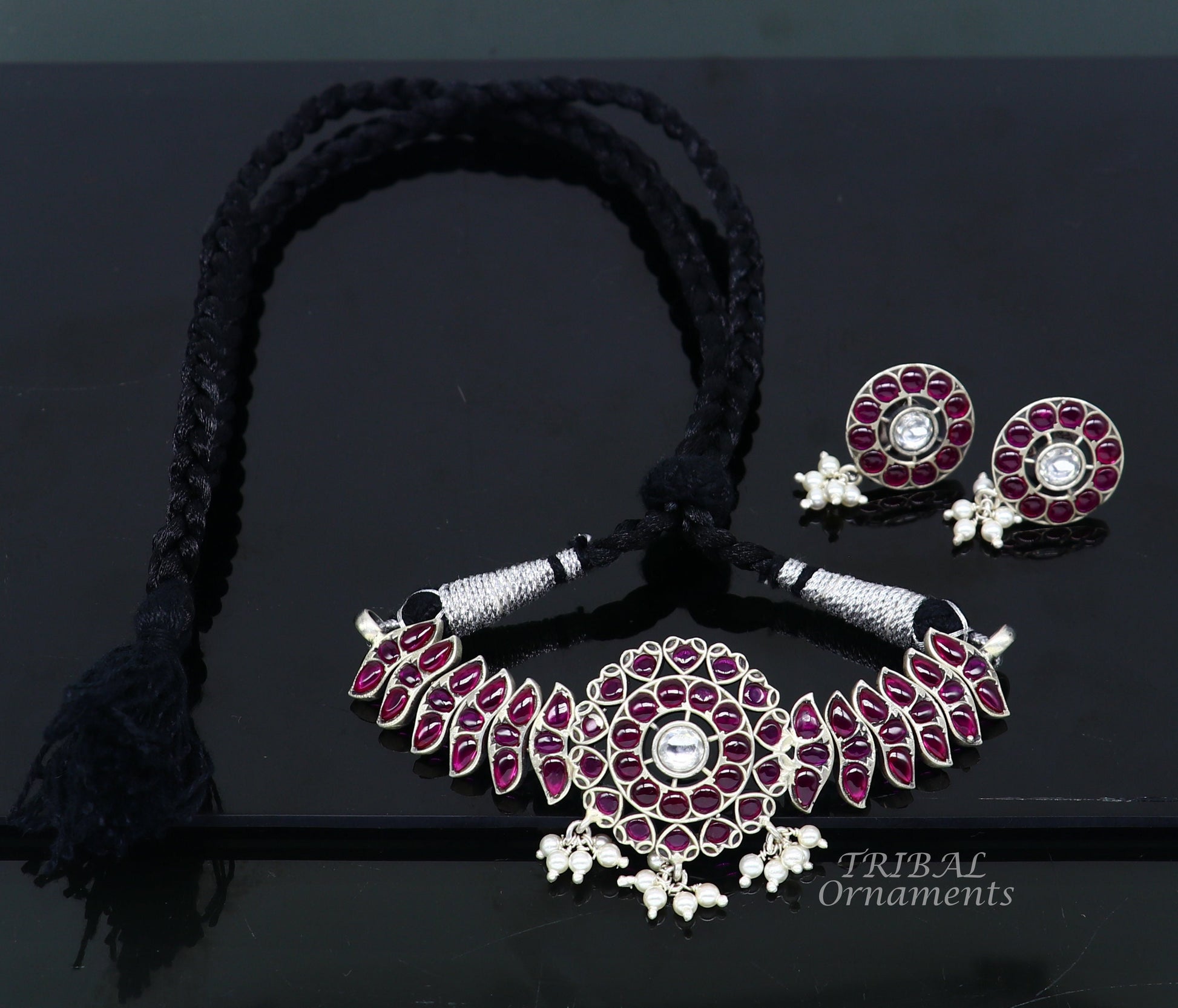 925 sterling silver fancy red gem necklace choker with intricate design, ideal for belly dance or special occasions.