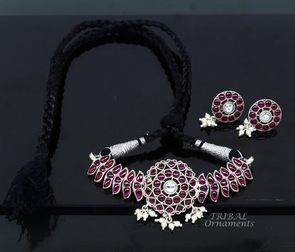 925 sterling silver fancy red gem necklace choker with intricate design, ideal for belly dance or special occasions.