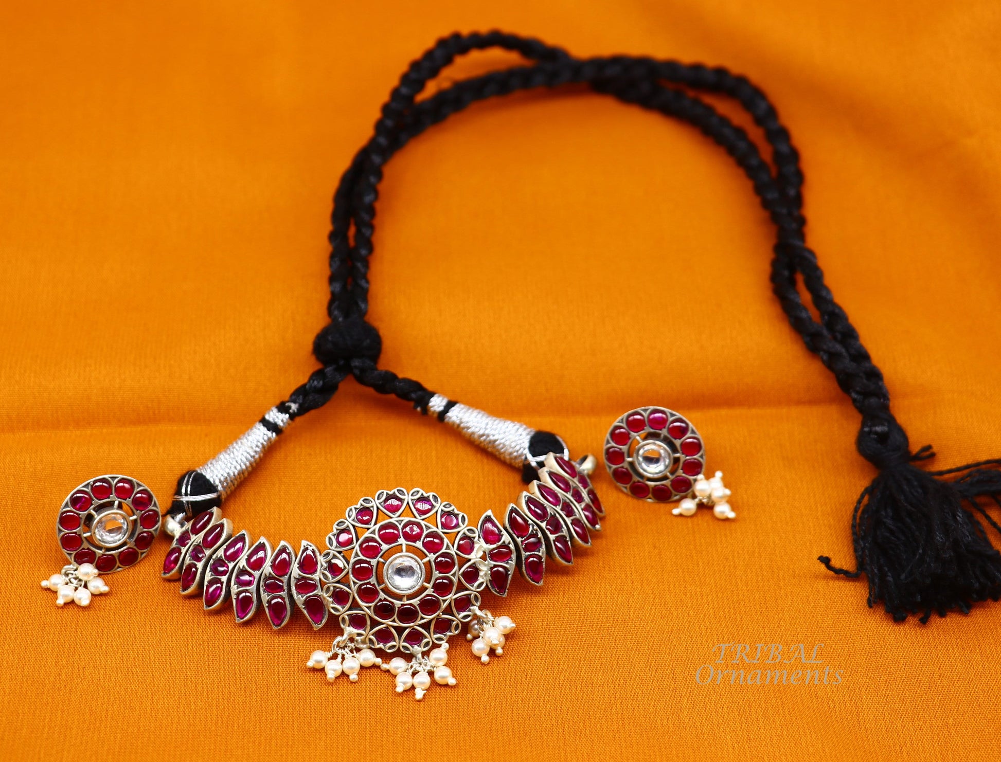 Sterling silver fancy red gem necklace choker with intricate design, ideal for belly dance or special occasions.