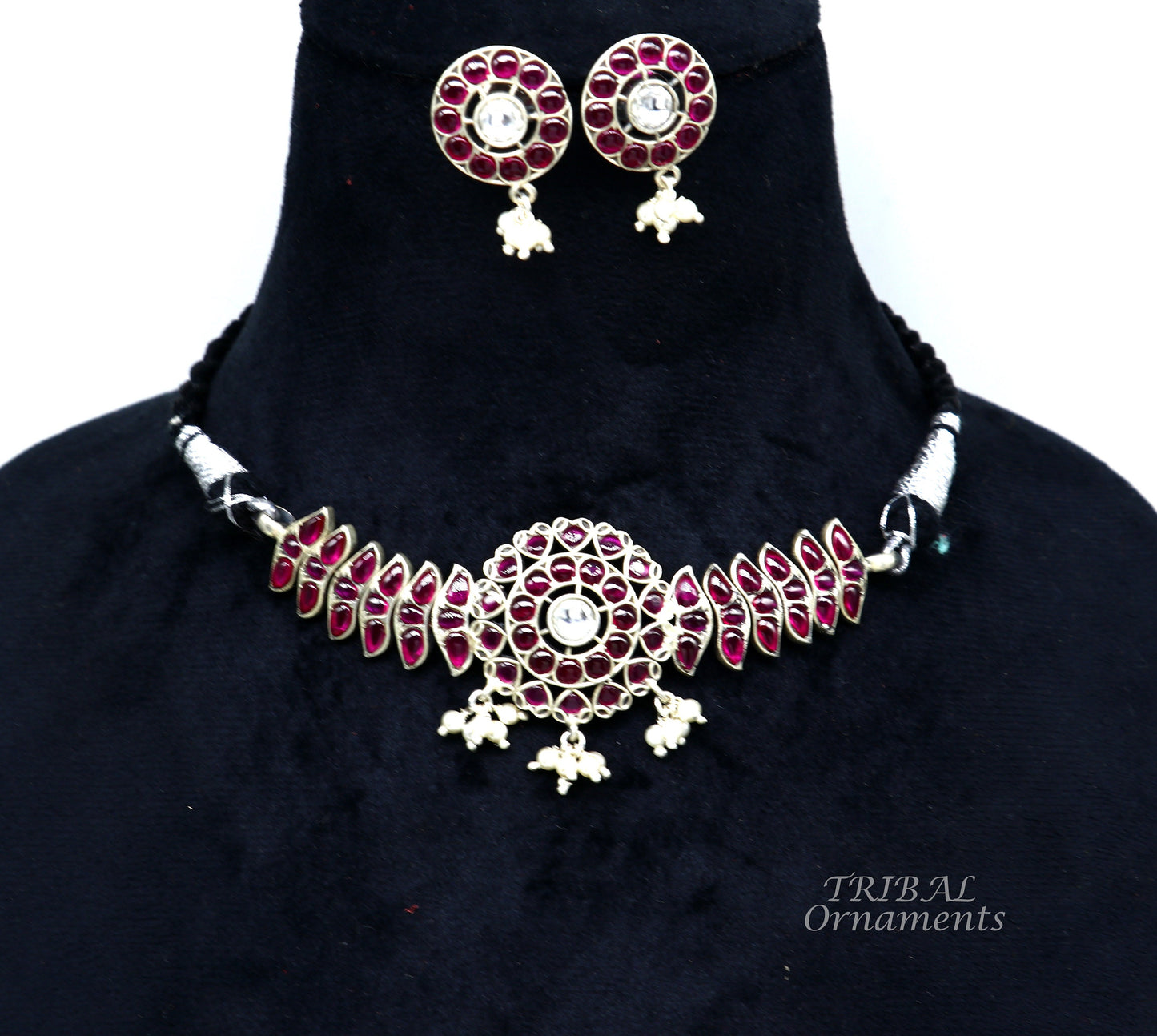 925 sterling silver fancy red gem necklace and choker set, tribal-inspired belly dance jewelry with intricate design and luxurious stones.