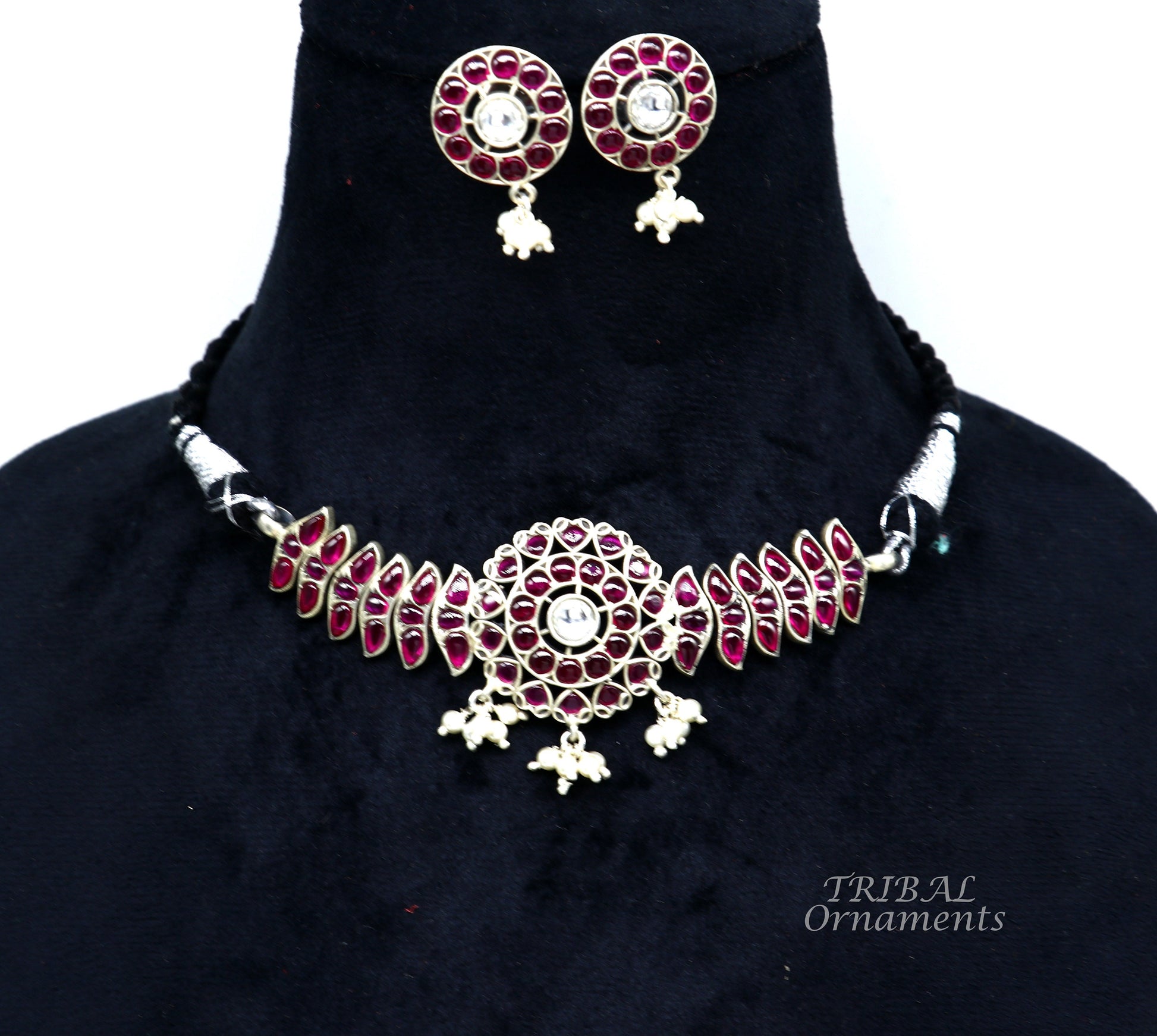 925 sterling silver fancy red gem necklace and choker set, tribal-inspired belly dance jewelry with intricate design and luxurious stones.