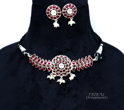925 sterling silver fancy red gem necklace and choker set, tribal-inspired belly dance jewelry with intricate design and luxurious stones.