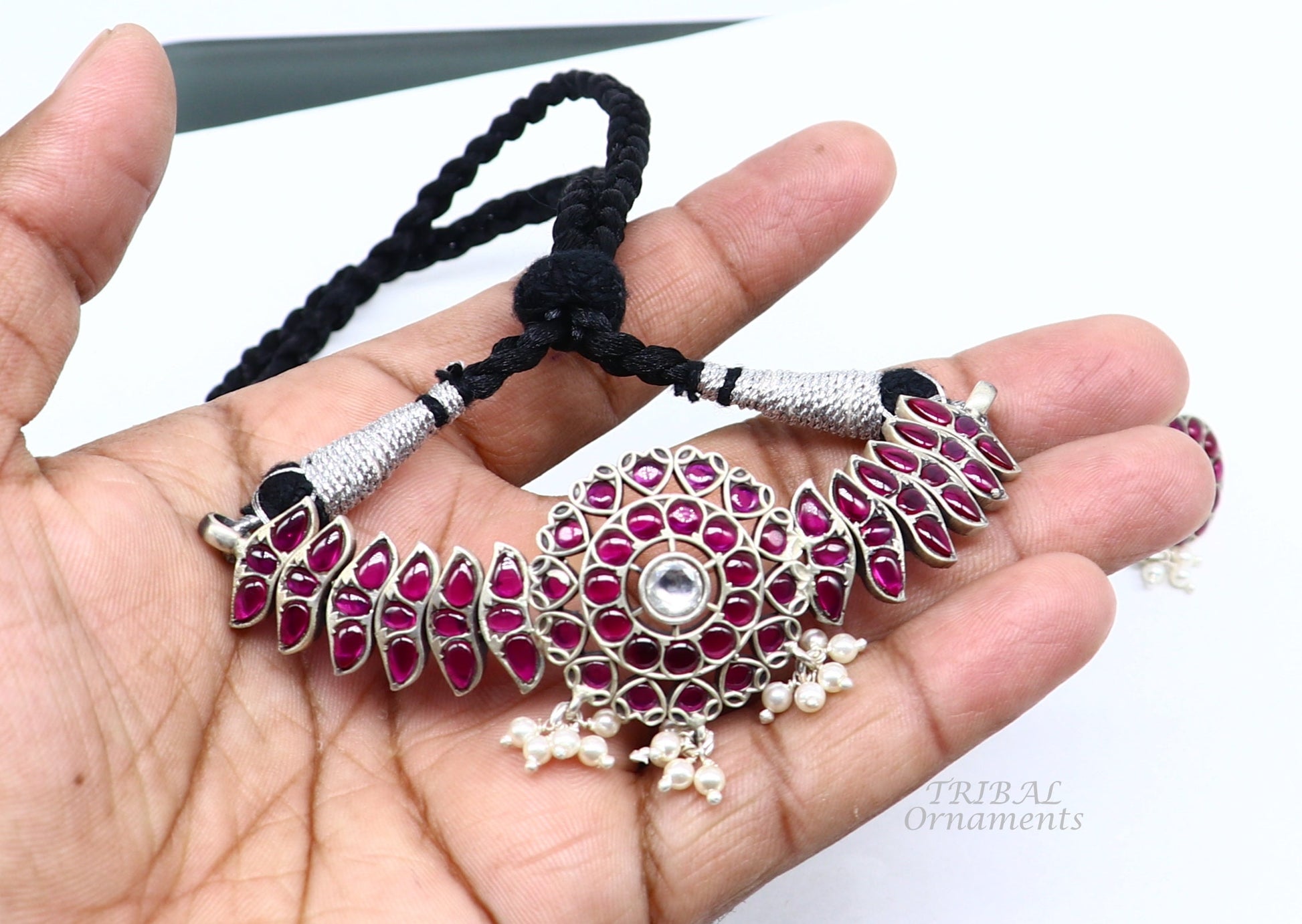 Sterling silver fancy red gem necklace choker with intricate design, perfect for belly dance Guttapusalu, by TRIBAL ORNAMENTS.