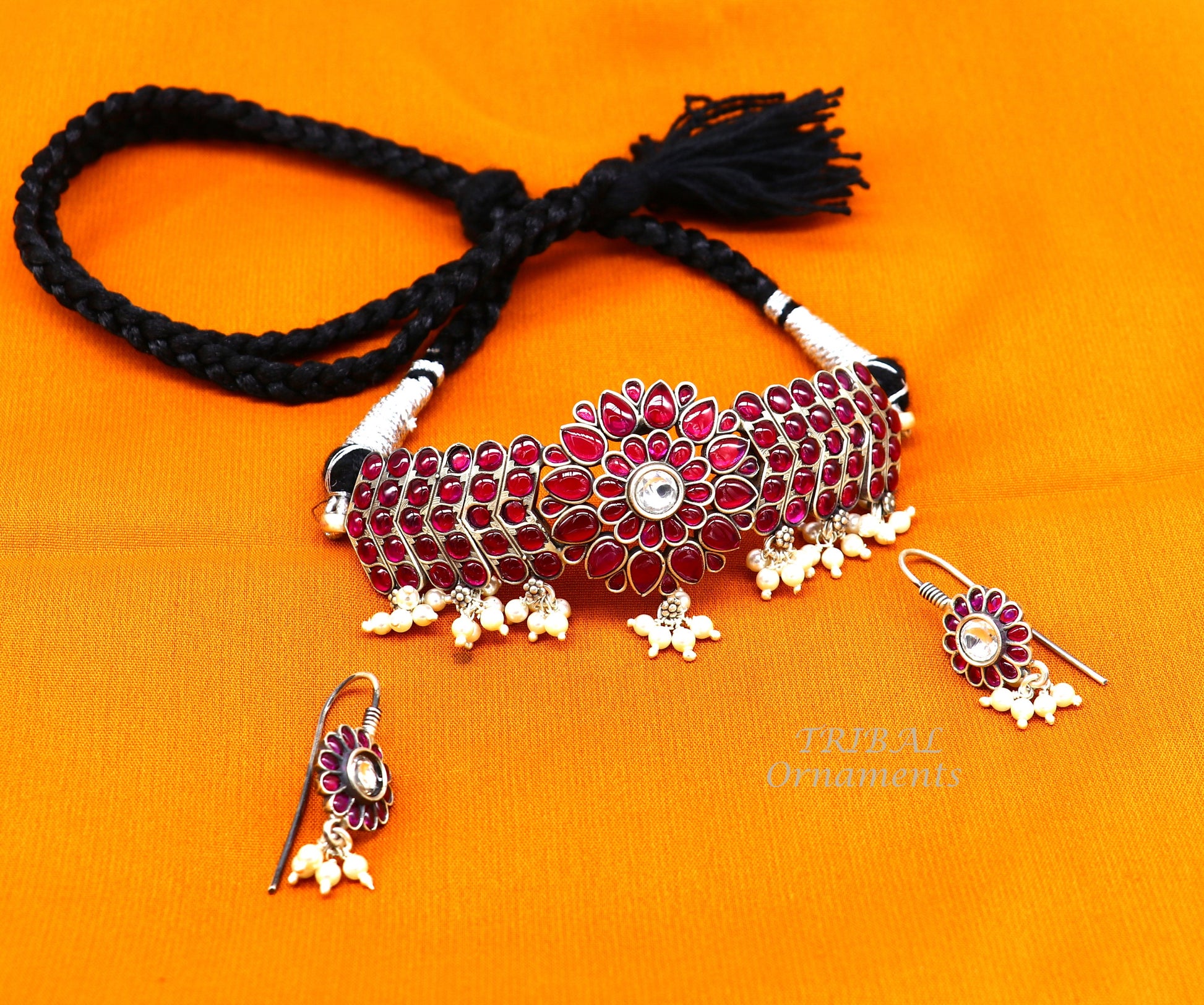 Sterling silver fancy red stone necklace choker by TRIBAL ORNAMENTS, stylish belly dance Guttapusalu jewelry set with intricate design.