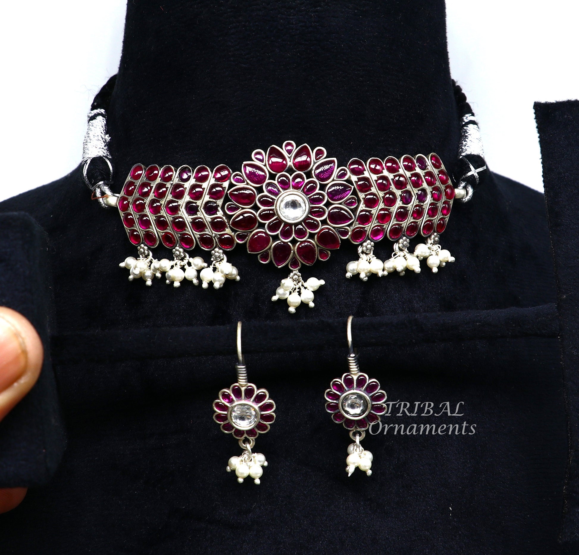Sterling silver red stone fancy necklace choker by Tribal Ornaments, stylish belly dance Guttapusalu jewelry set featuring intricate design.