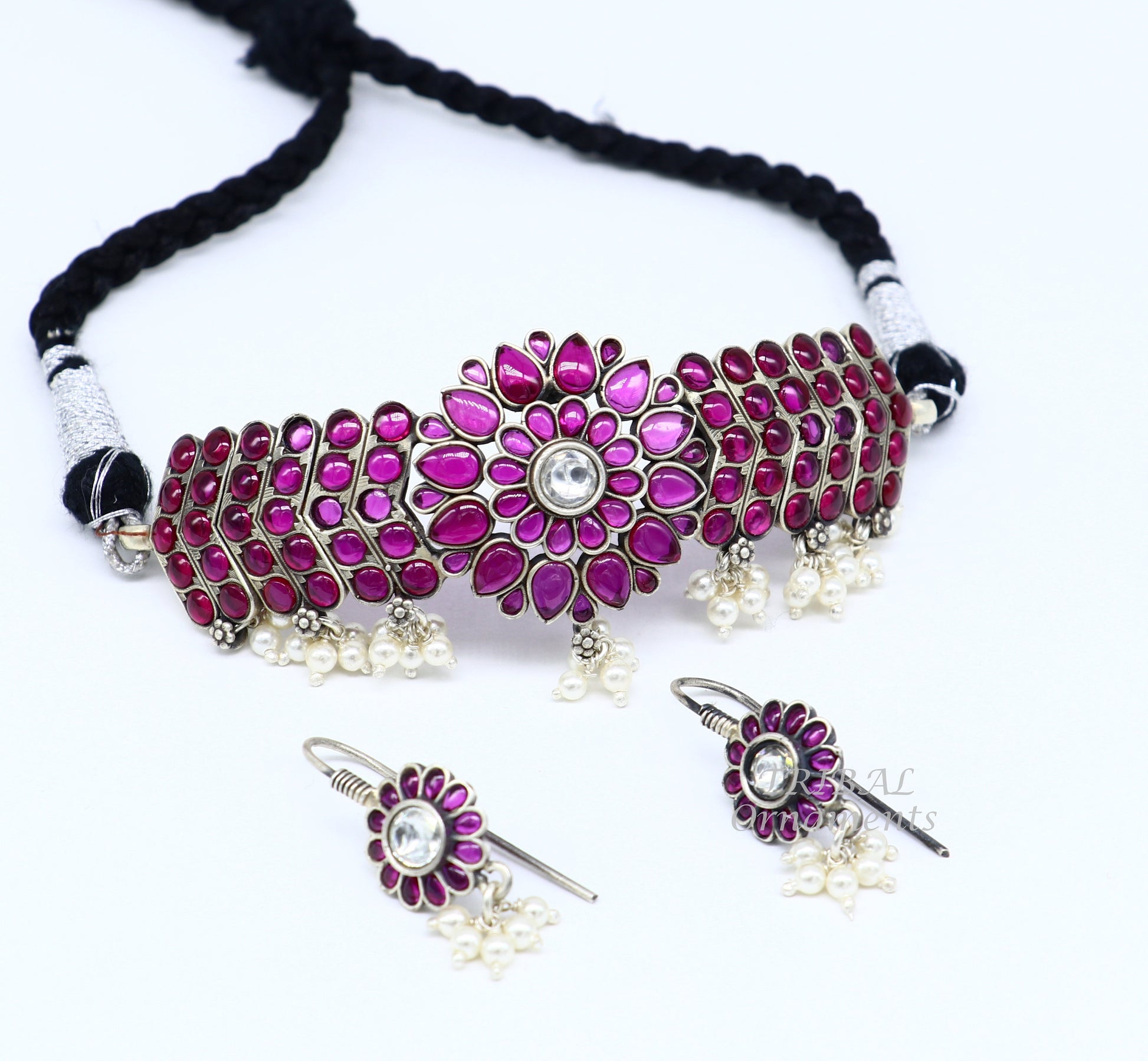 Sterling silver fancy red stone belly dance necklace and choker set by TRIBAL ORNAMENTS with intricate handmade design.