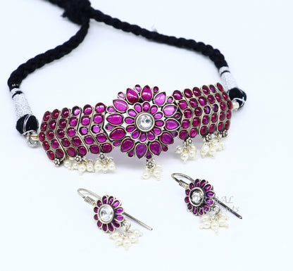 Sterling silver fancy red stone belly dance necklace and choker set by TRIBAL ORNAMENTS with intricate handmade design.