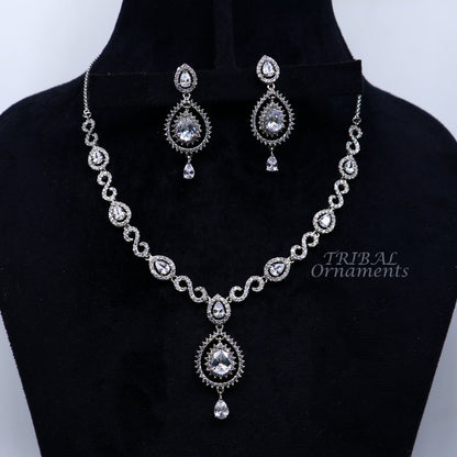 Sterling silver handmade fancy choker necklace with shiny cubic zirconia stones, ideal for belly dance and bridal jewelry.