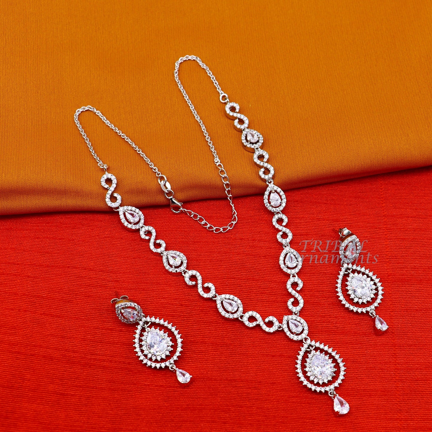 925 sterling silver handmade new fancy stylish shiny cubic zircon stone luxury necklace choker, best belly dance brides necklace set459 - TRIBAL ORNAMENTS