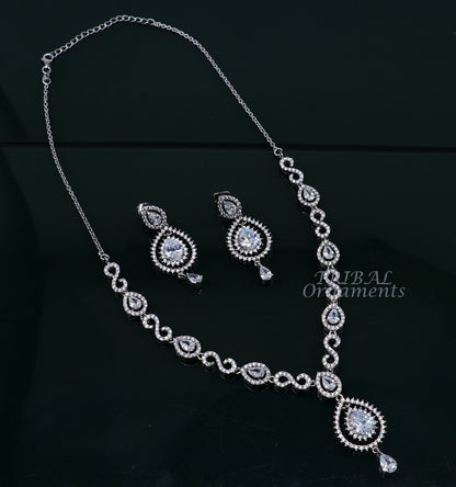 Sterling silver handmade fancy cubic zirconia choker necklace with shiny stones, ideal for belly dance and bridal jewelry.