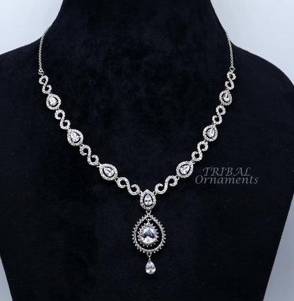 Sterling silver handmade belly dance and bridal necklace with shiny cubic zircon stones, stylish and luxurious choker from Tribal Ornaments.