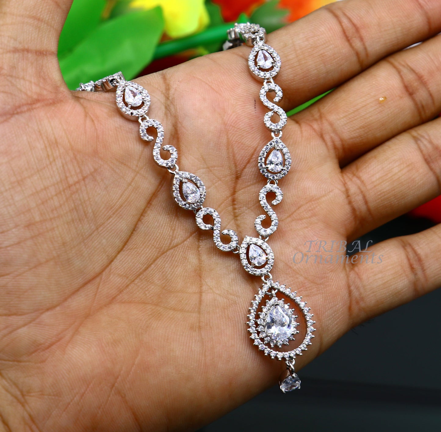 925 sterling silver handmade new fancy stylish shiny cubic zircon stone luxury necklace choker, best belly dance brides necklace set459 - TRIBAL ORNAMENTS