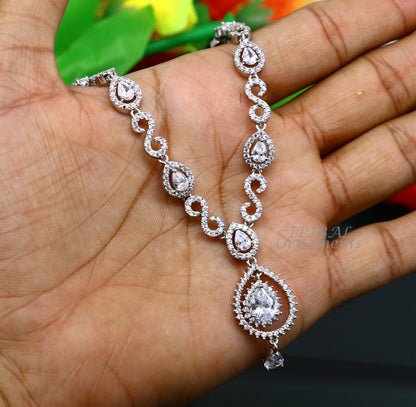 Sterling silver handmade belly dance and bridal necklace set with shiny cubic zircon stones, featuring a stylish choker design.