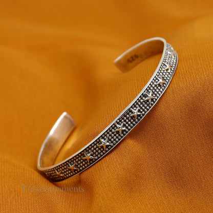 925 sterling silver open face cuff bracelet by TRIBAL ORNAMENTS, adjustable handmade bangle with tribal design, ideal for gifting.