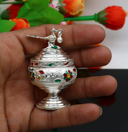 925 sterling silver handmade peacock design vintage trinket box , sindur kumkum box , brides accessories, kumkum sindur box royal art stb272 - TRIBAL ORNAMENTS