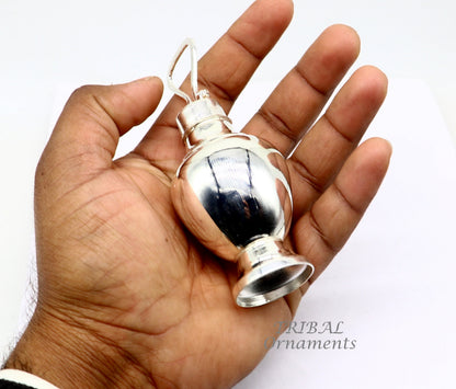 Sterling silver handmade Gangjali water pot with plain design, ideal for puja rituals and Diwali celebrations.