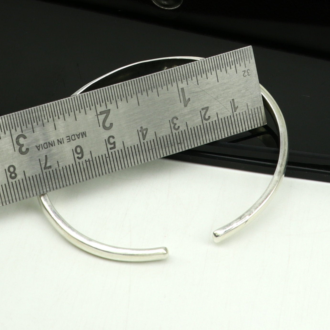 Sterling silver handmade adjustable bangle bracelet with plain shine design and unique personalized Indian kada cuff from TRIBAL ORNAMENTS
