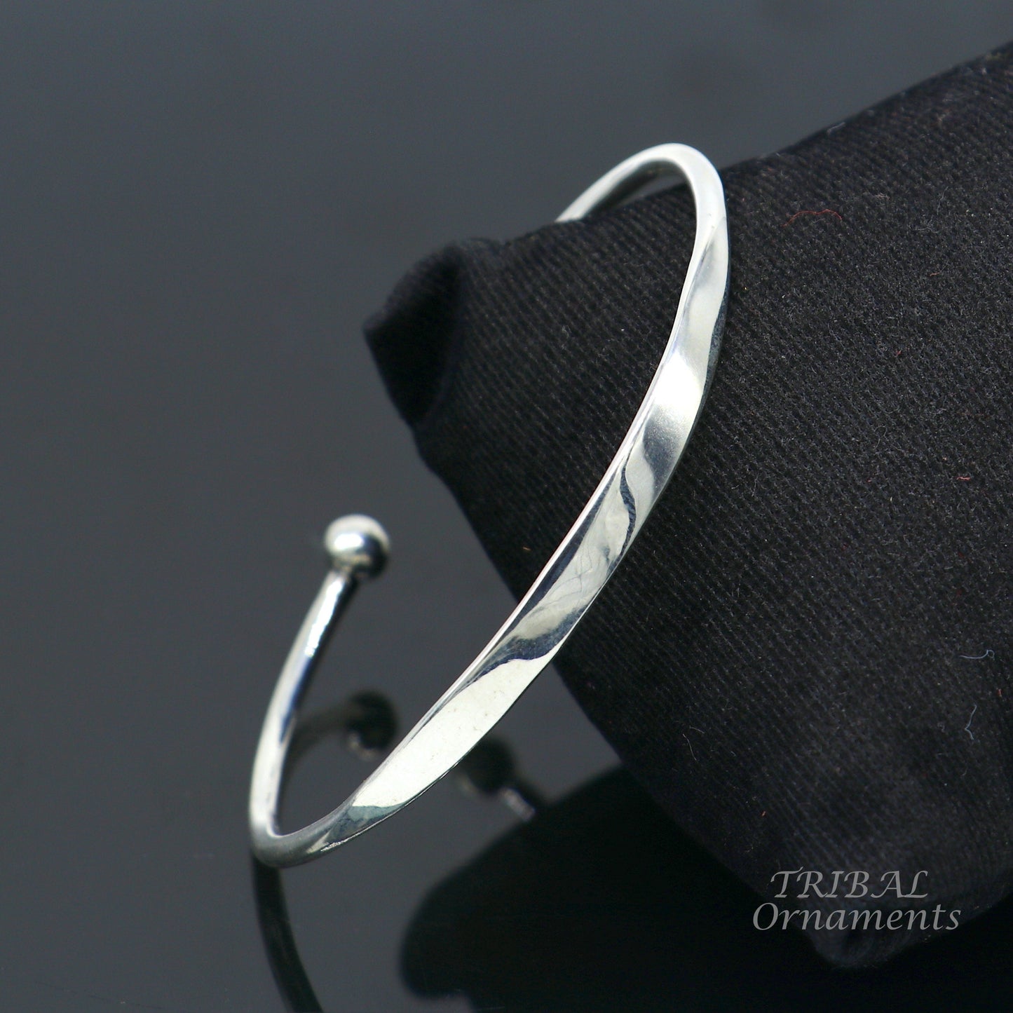 Sterling silver handmade bangle bracelet with shiny plain design, stylish cuff jewelry by TRIBAL ORNAMENTS.