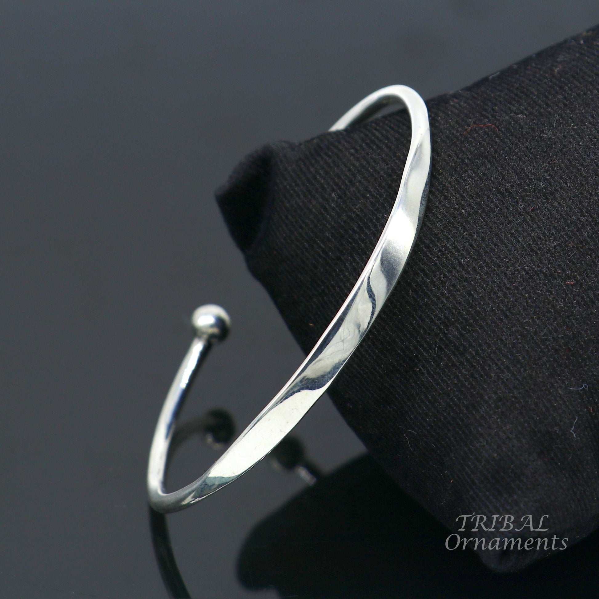 Sterling silver handmade bangle bracelet with shiny plain design, stylish cuff jewelry by TRIBAL ORNAMENTS.