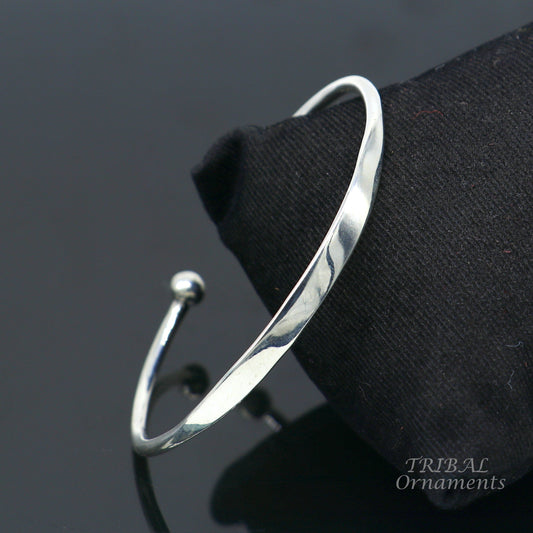 Sterling silver handmade bangle bracelet with shiny plain design, stylish cuff jewelry by TRIBAL ORNAMENTS.