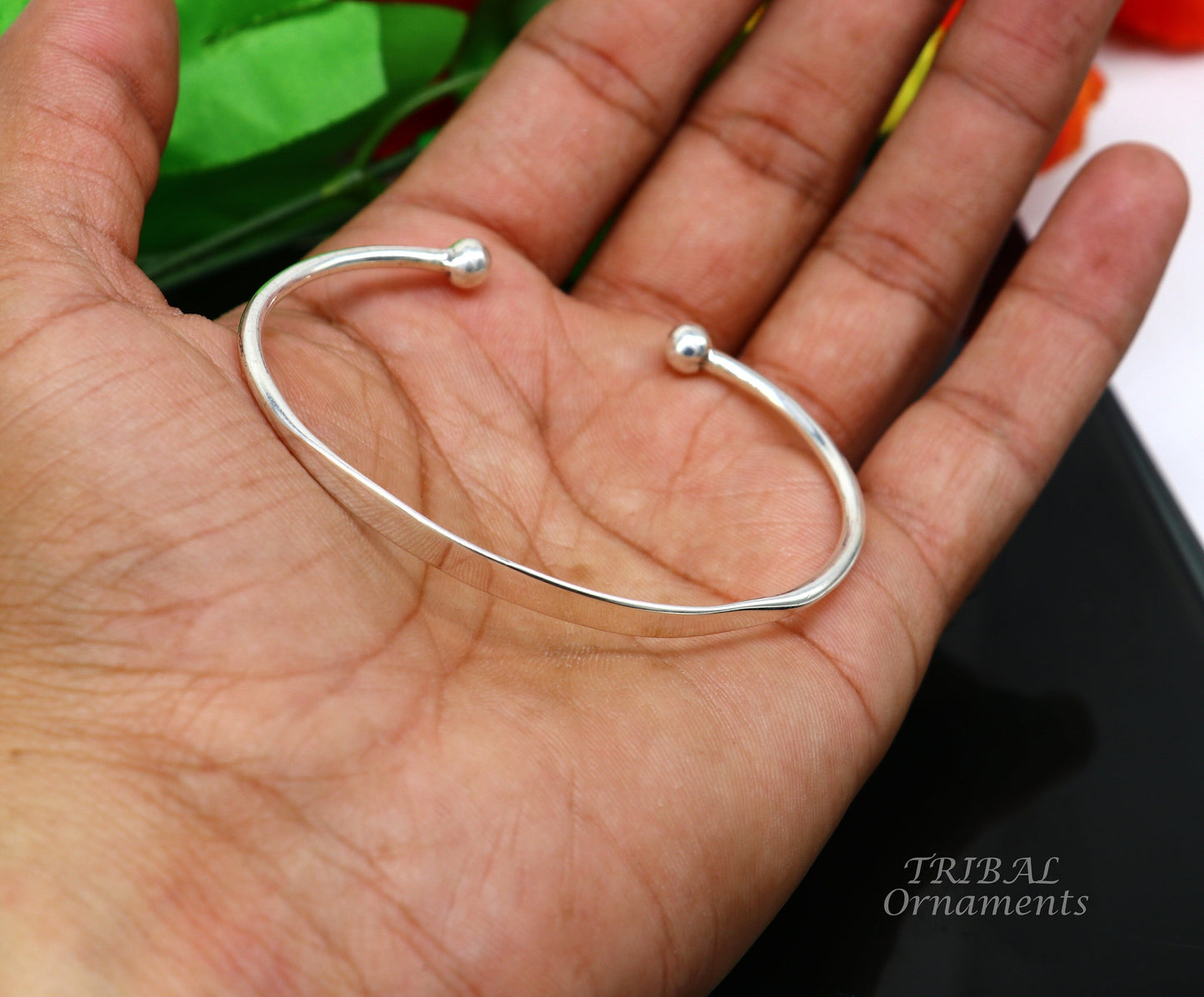 Sterling silver handmade bangle bracelet with shiny plain design, stylish cuff or kada bracelet by TRIBAL ORNAMENTS.