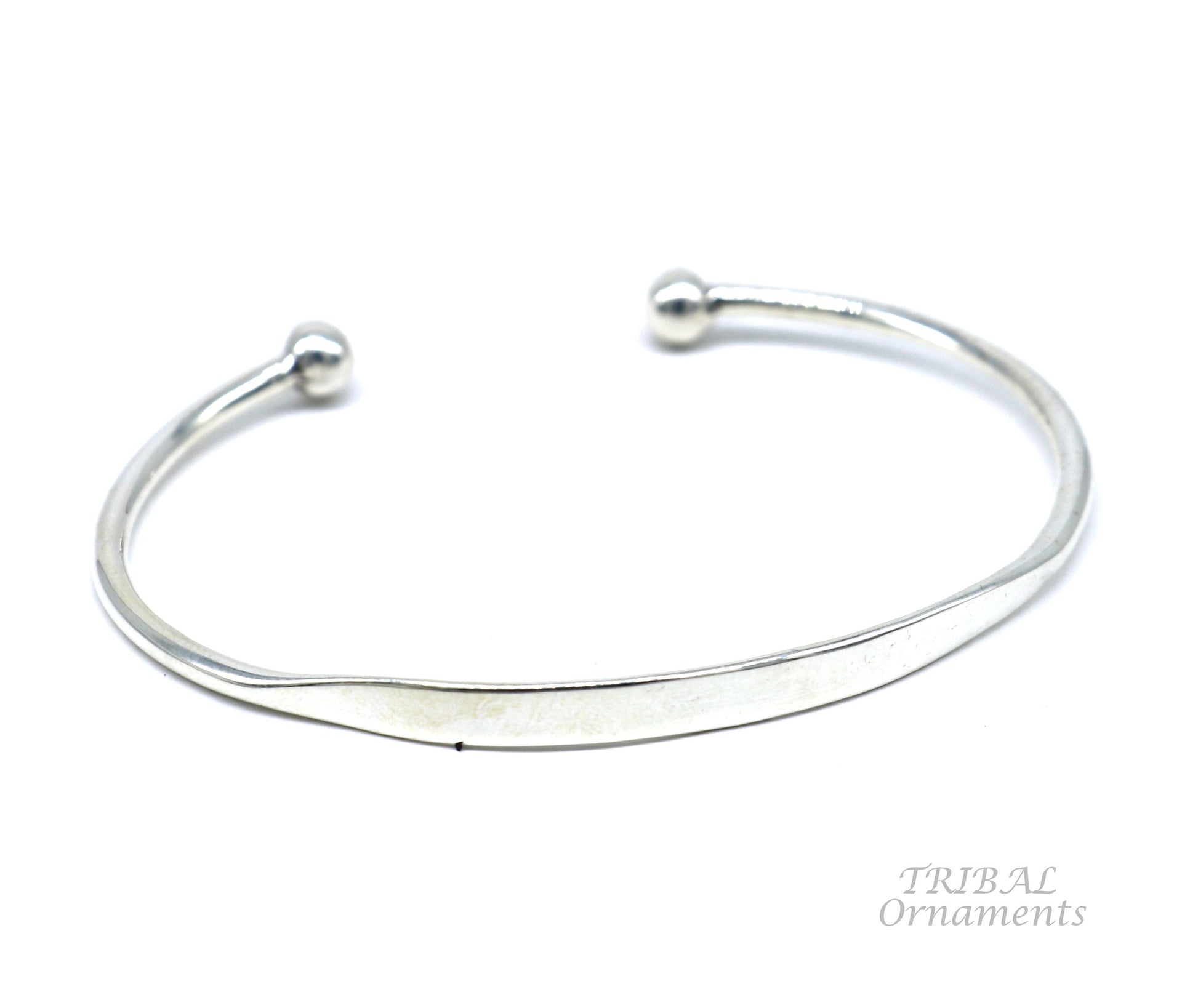 Sterling silver handmade bangle bracelet with shiny, plain design, stylish cuff or kada bracelet by Tribal Ornaments.