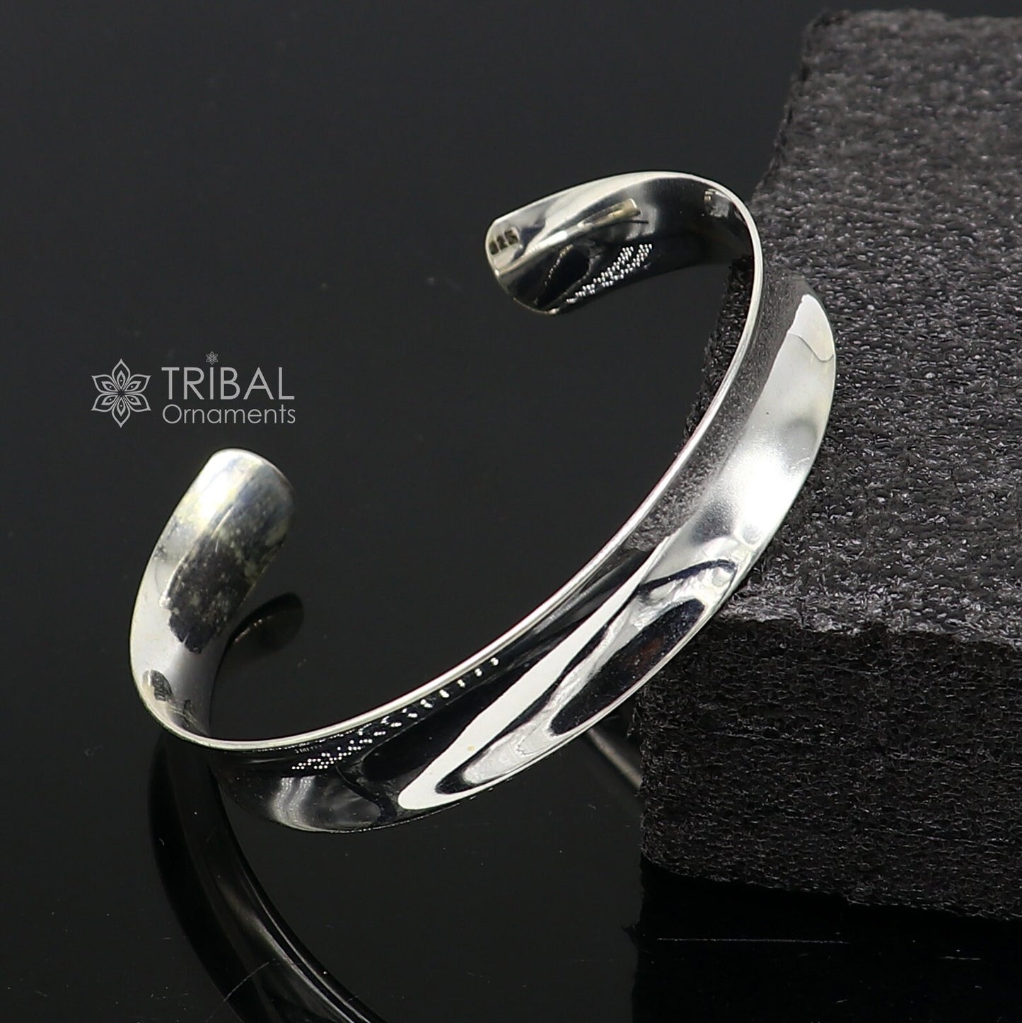 Stylish 925 sterling silver plain shiny bangle cuff by TRIBAL ORNAMENTS, featuring a sleek handmade design for men.