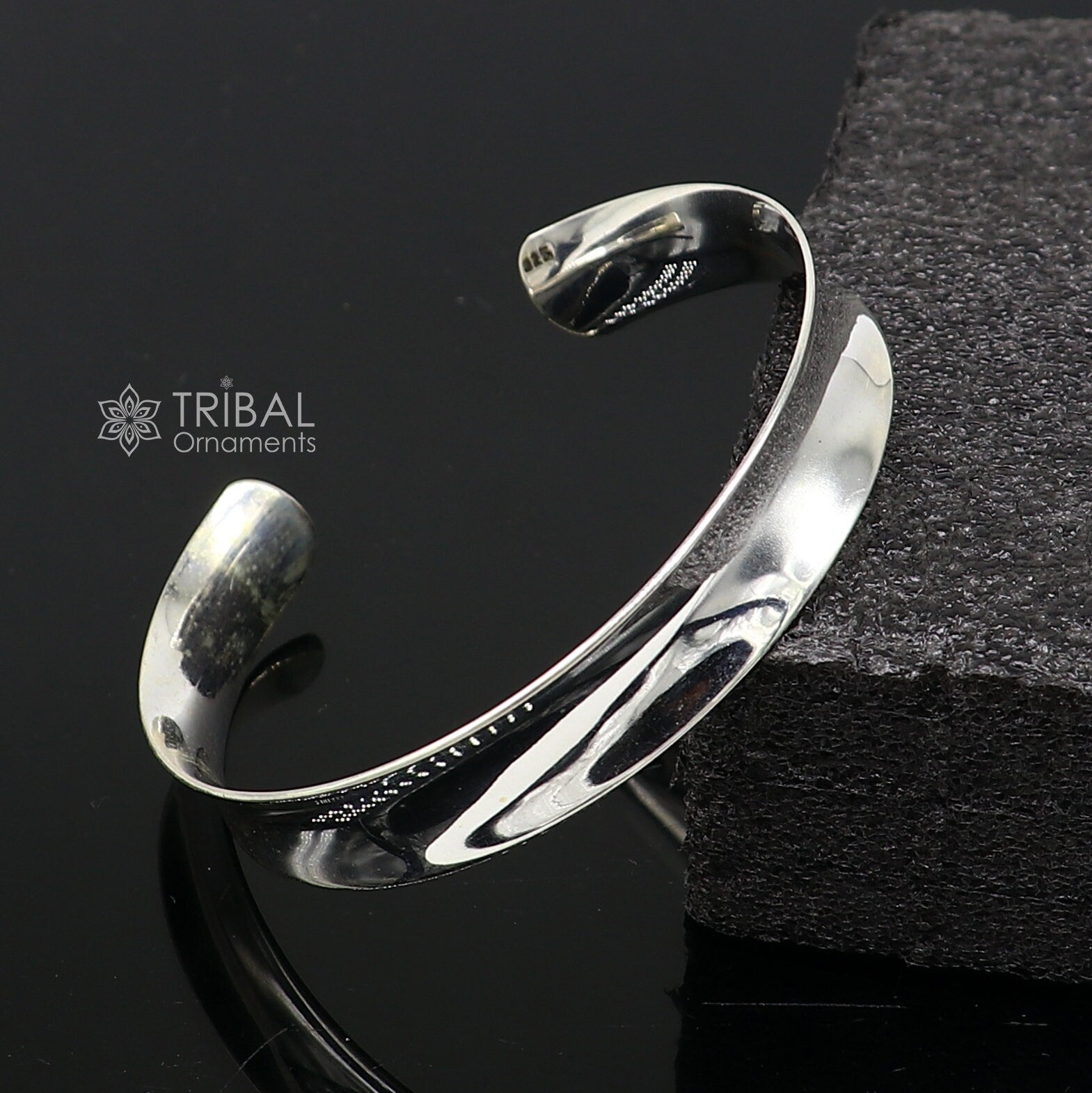 Stylish 925 sterling silver plain shiny bangle cuff by TRIBAL ORNAMENTS, featuring a sleek handmade design for men.