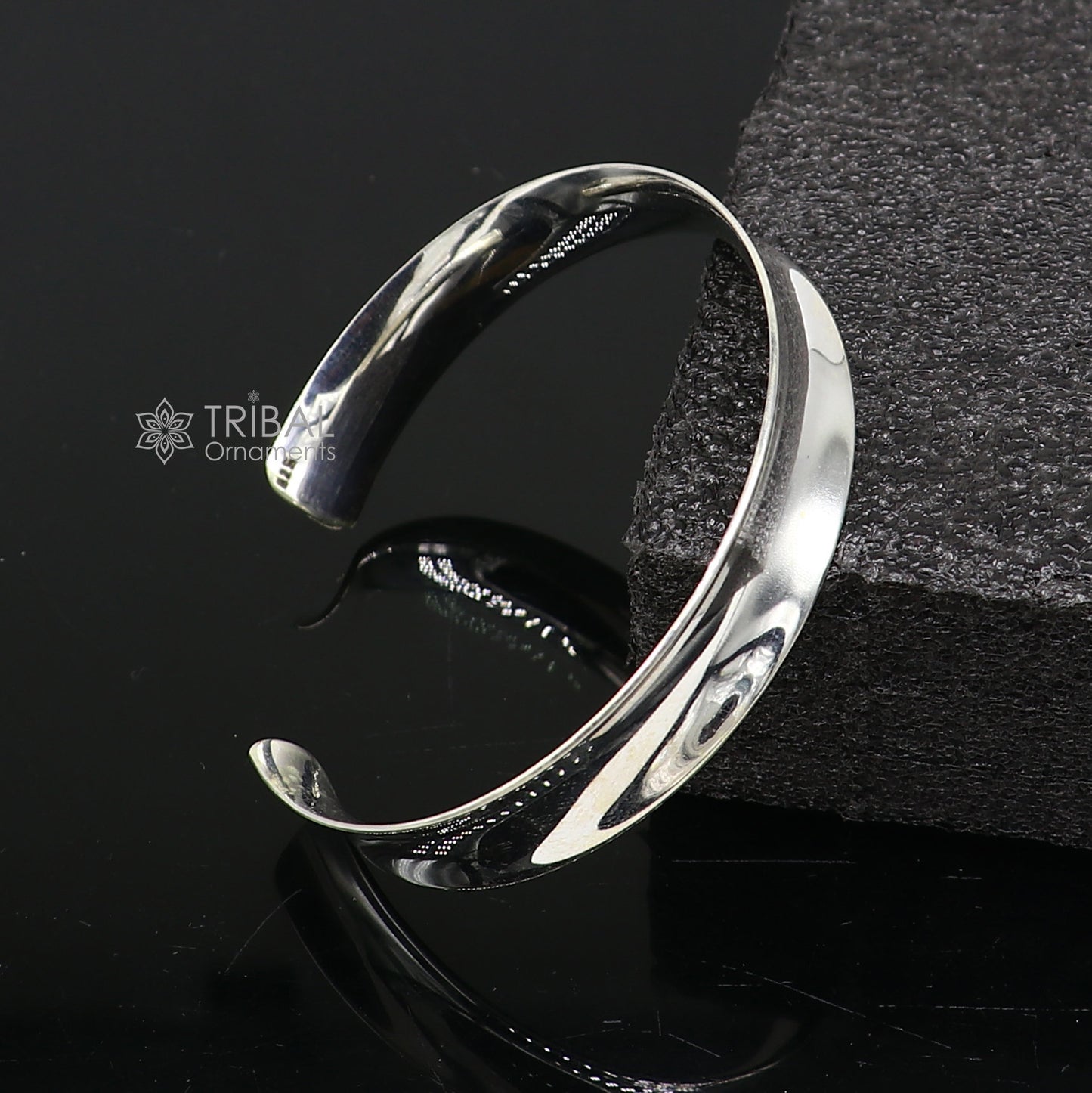 Sterling silver bangle cuff from TRIBAL ORNAMENTS, shiny handmade men's kada bracelet with a sleek, plain design.
