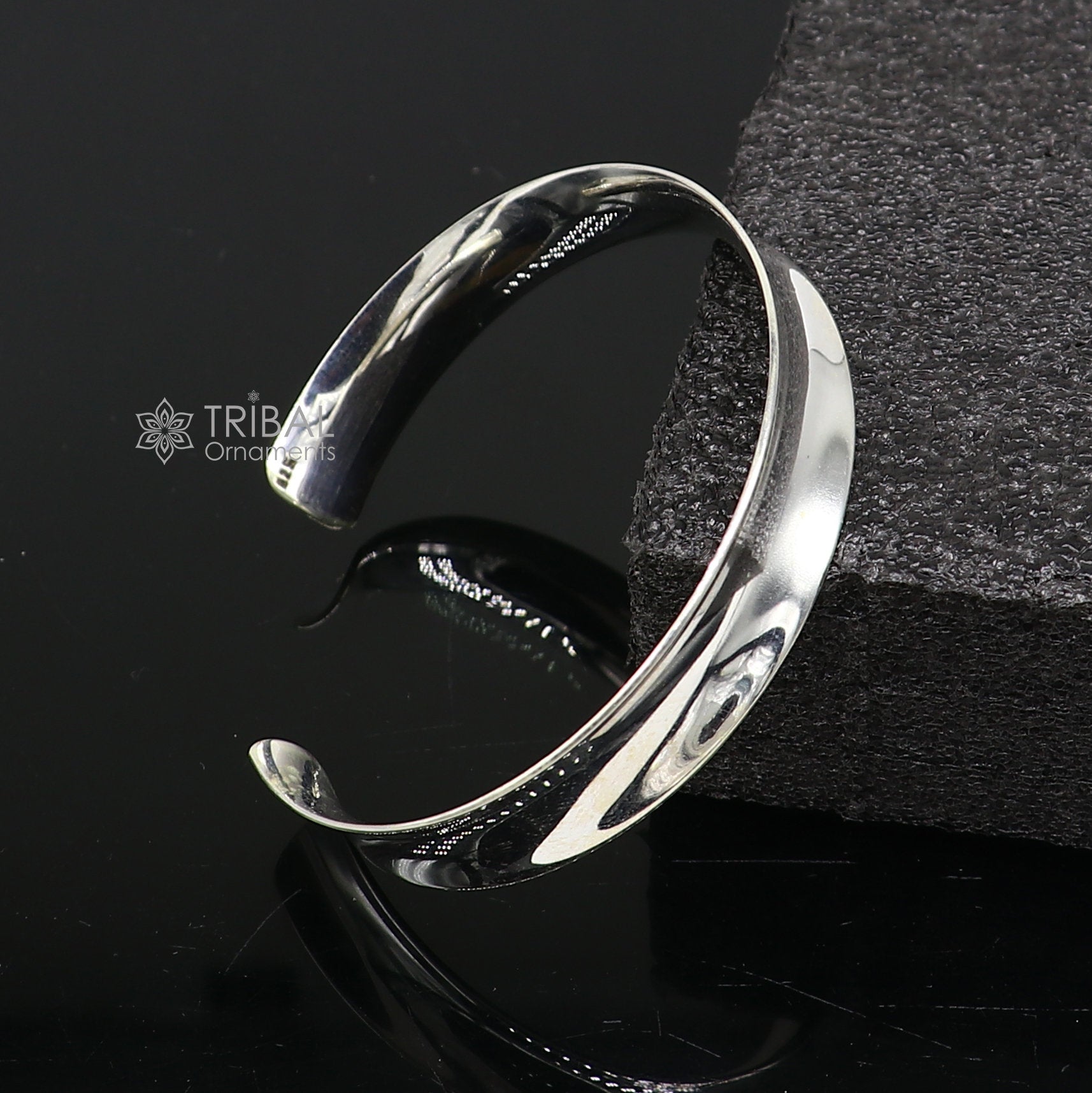 Sterling silver bangle cuff from TRIBAL ORNAMENTS, shiny handmade men's kada bracelet with a sleek, plain design.